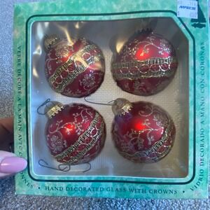 VTG Christmas by Krebs Red Gold Glass Ornaments Hand Decorated Set of 4 USA